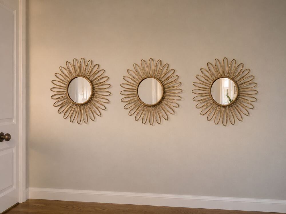 Set of 3 Boho Gold Sunburst Wall Mirrors 10" Round Wire Starburst Decor Accents